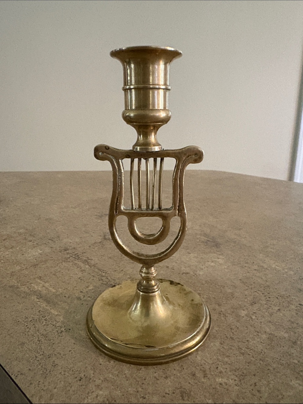Brass Lyre-Style Candle Holder - Gold Tone